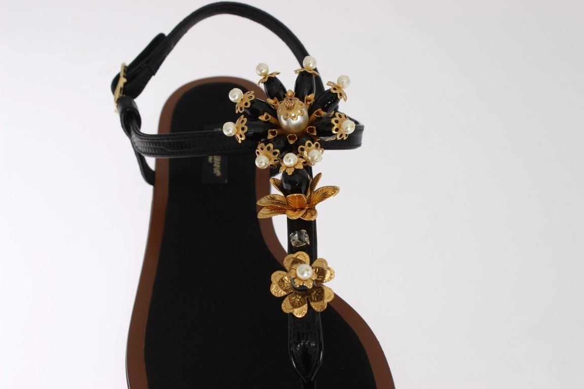 Black Leather Crystal Floral Flip Flop Sandals Flat Shoes Made In Italy