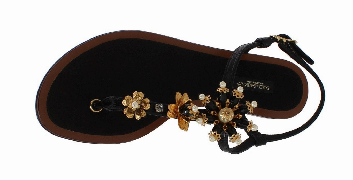 Tabi Flat Shoes Black Leather Crystal Floral Flip Flop Sandals