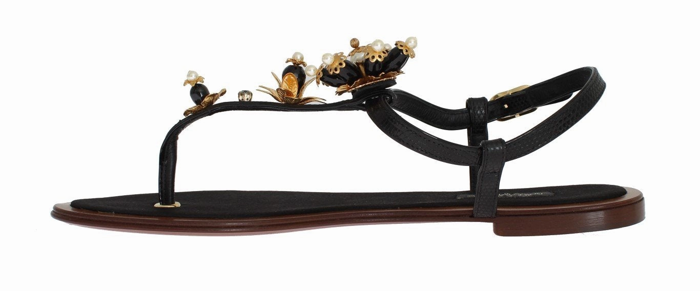 Black Leather Crystal Floral Flip Flop Sandals Good Exercise Shoes