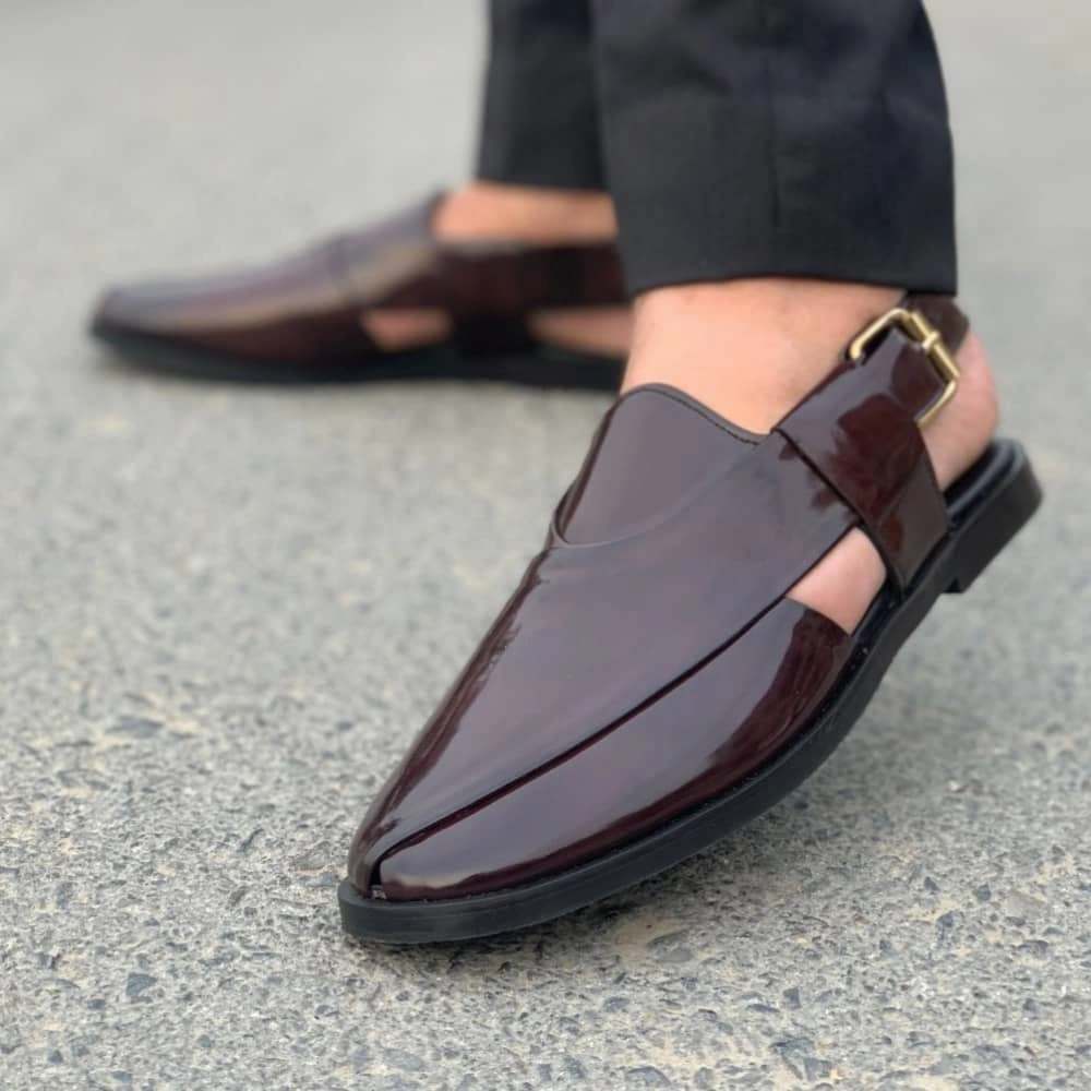 Real Wool Slippers LS Pure Leather Handmade Peshawari Burgundy Sandal- 673