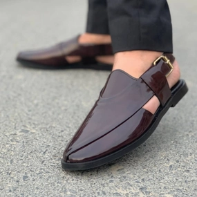 Embroidery On Slippers LS Pure Leather Handmade Peshawari Burgundy Sandal- 673