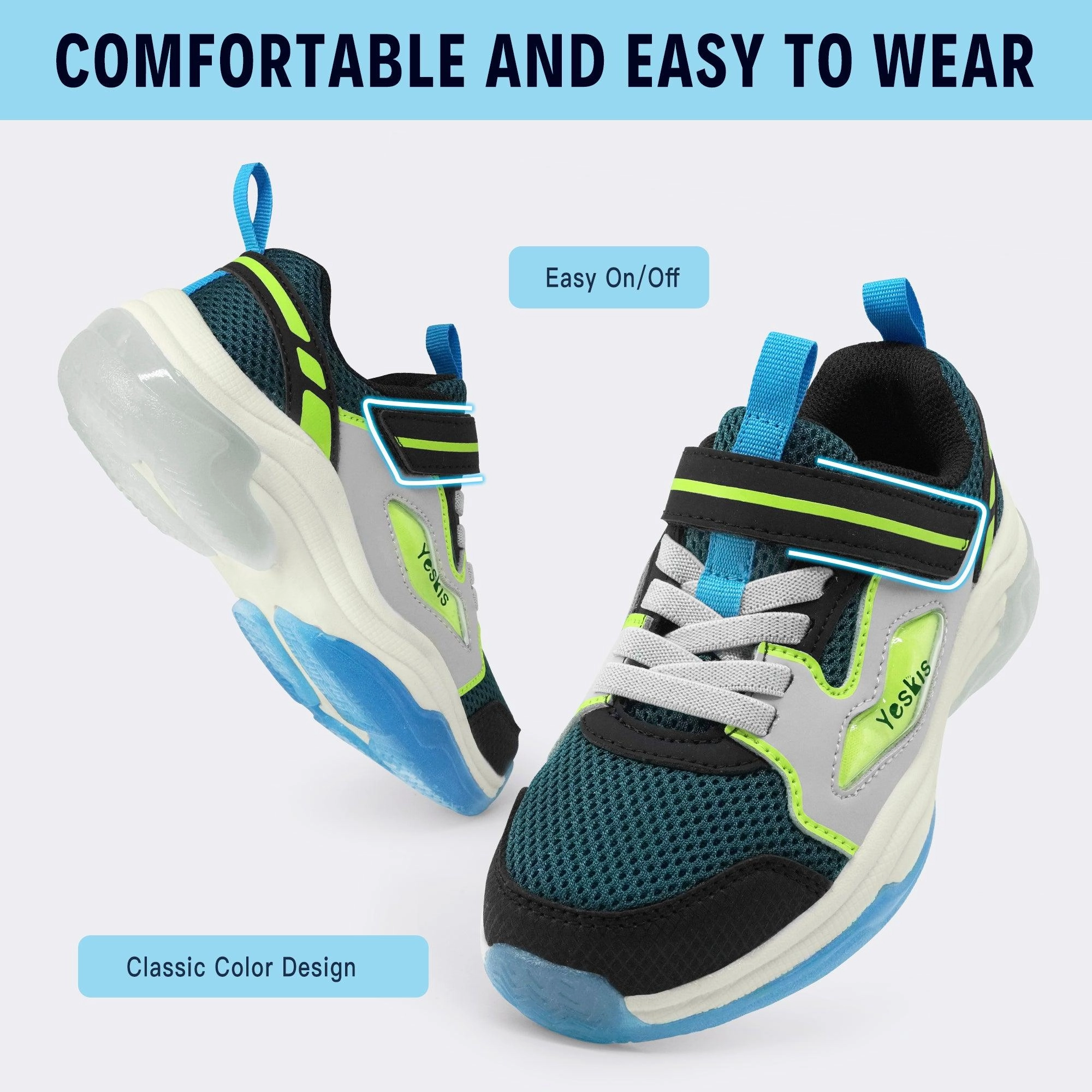 Designer Platform Sneakers YESKIS FutuVibe Light Up Boys Sneakers for Kids Grey/Dark Green