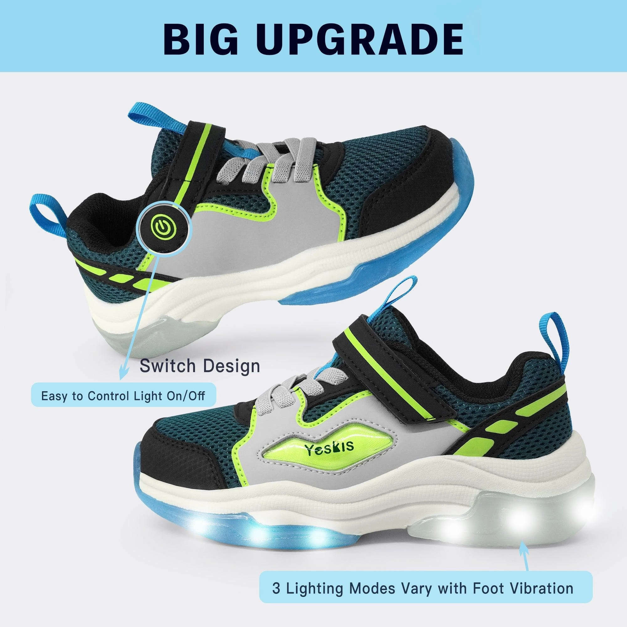 YESKIS FutuVibe Light Up Boys Sneakers for Kids Grey/Dark Green Chris Paul Sneakers