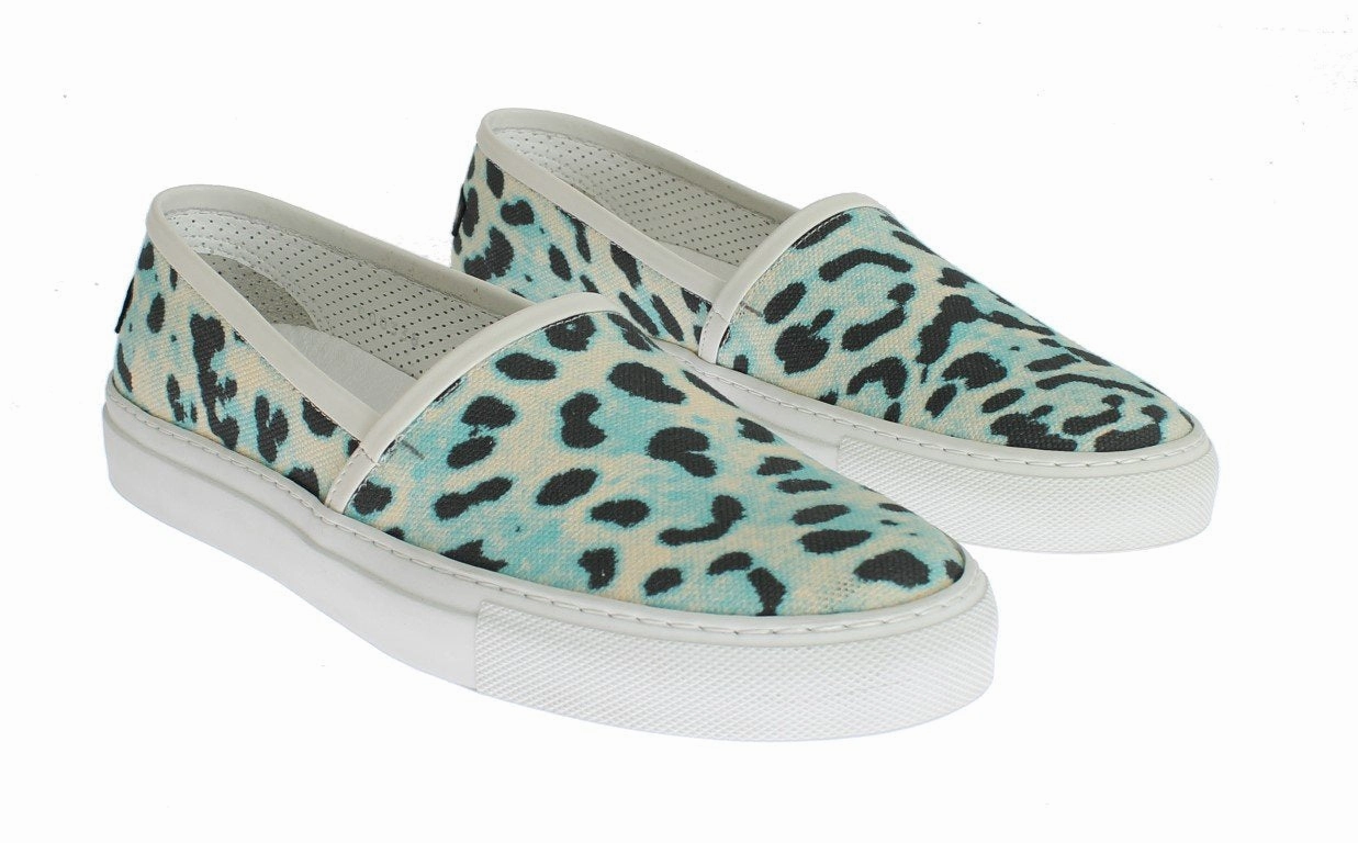 Embroidered Flat Shoes Blue Leopard Canvas Leather Espadrilles Shoes