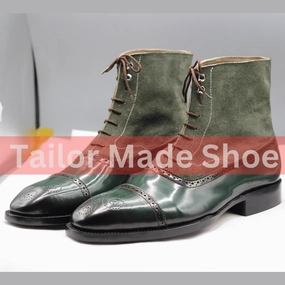 Luxury Two-Tone Green Leather Boots for Men - Suede and Gloss Finish Handmade Green Leather & Suede Boots - Perfect for Formal & Casual Wear Snowflake Boots