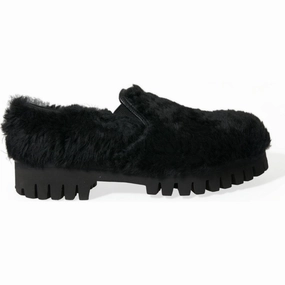 Funny Slides Shoes Dolce & Gabbana Black Fur Leather Slippers Dress Shoes