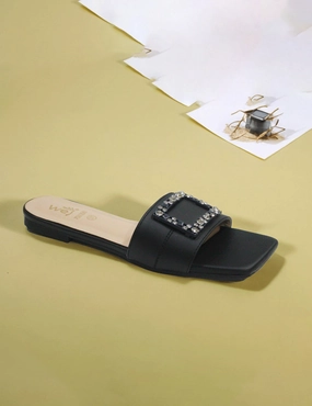 Black | Flat Slippers for women Flat Wide Dress Shoes