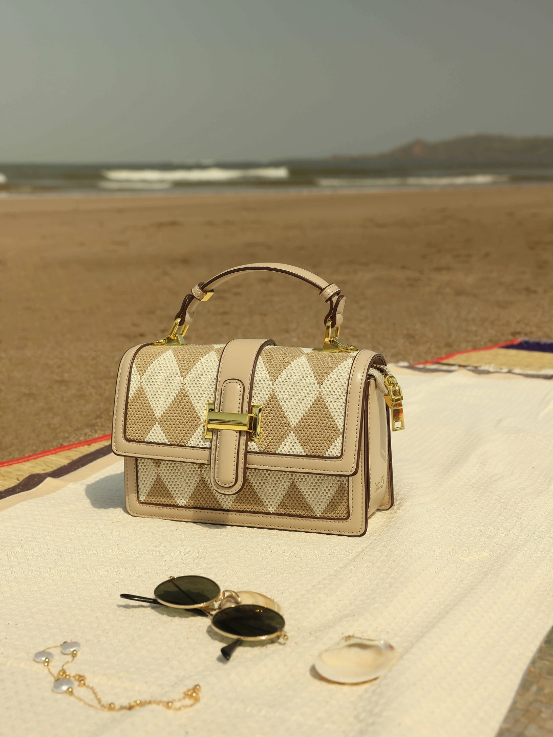 Women Beige Geometric Textured Structured Satchel Sling Comfort Casual Shoes