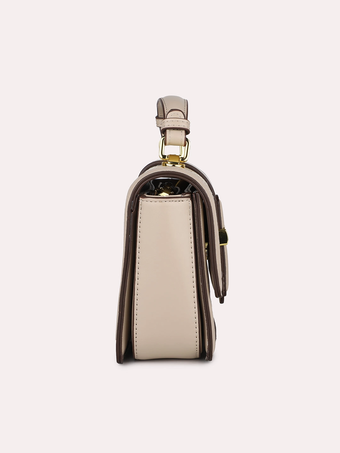 Women Beige Geometric Textured Structured Satchel Sling Slip On Shoes Business Casual