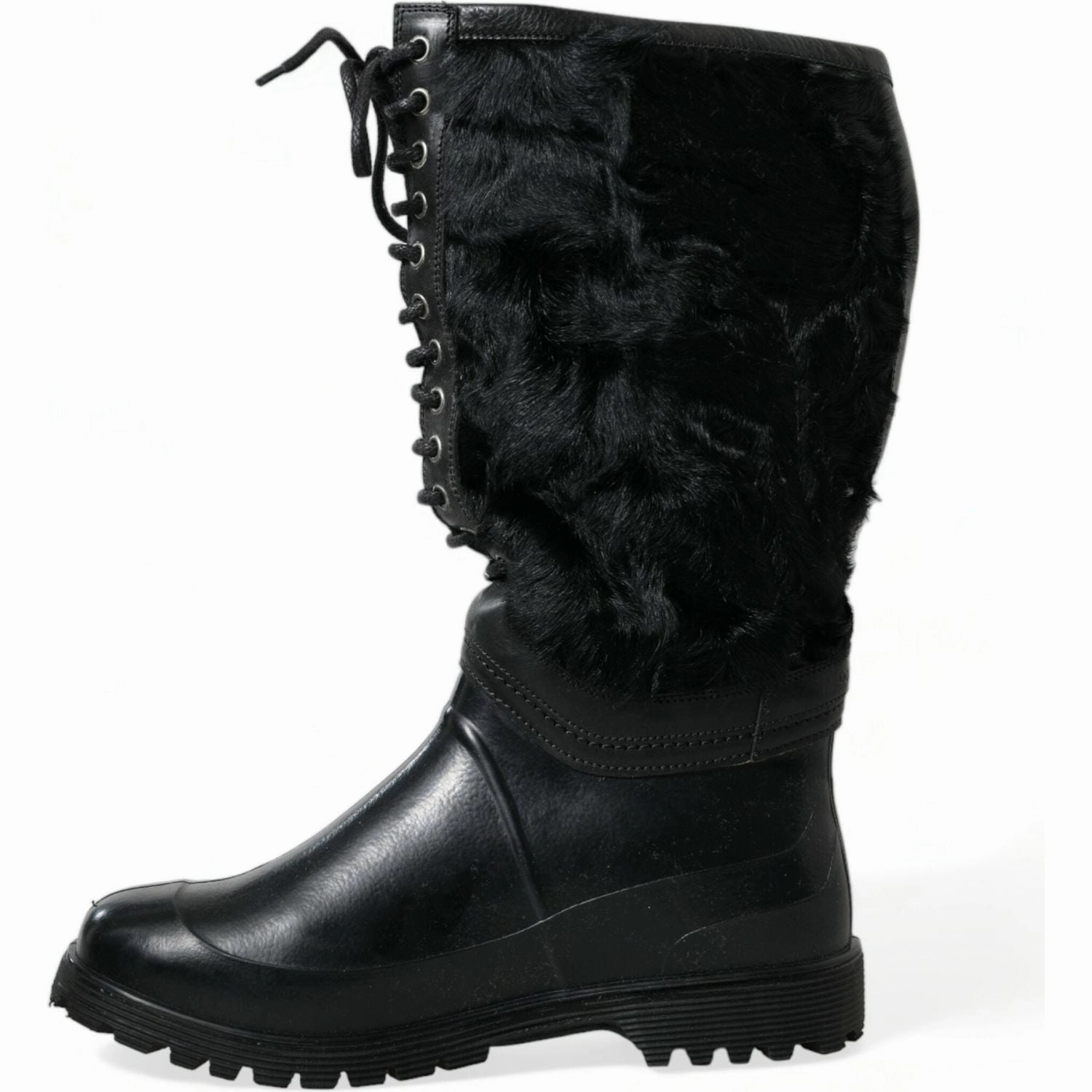 Dolce & Gabbana Black Rubber Lace Up Shearling Rain Boots Shoes Comfortable Rain Boots
