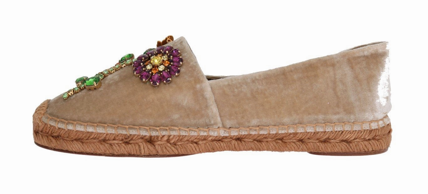 Beige Velvet Crystal Espadrilles Shoes Flat Shoes To Wear With Skirts