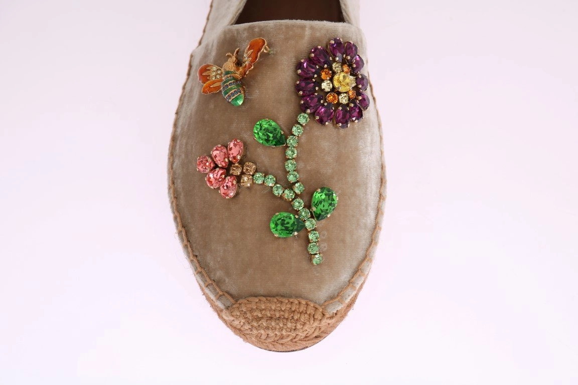Flexible Flats Shoes Beige Velvet Crystal Espadrilles Shoes