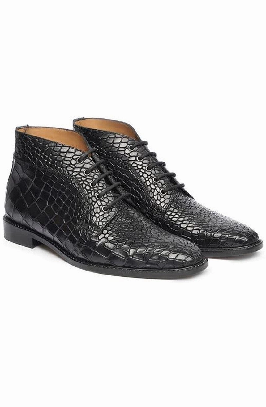 Cowboy Boots With Shorts Stylish Men Genuine Black Leather Boots Crocodile Print