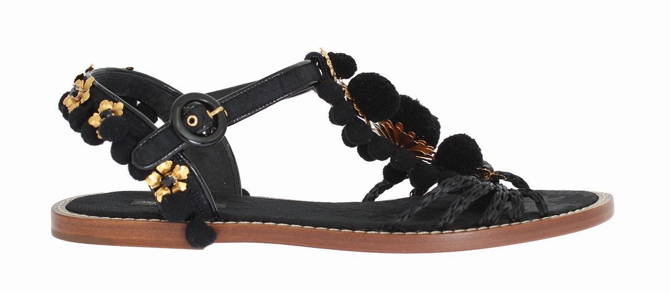 Transparent Shoes Flat Black Raffia Crystal Torero Sandals