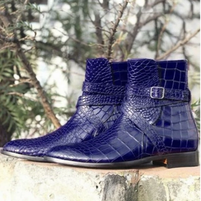 Handmade Goodyear Welted Blue Crocodile Print Leather Monk Strap Formal Ankle Men Boots Lace Up Boots With Heel
