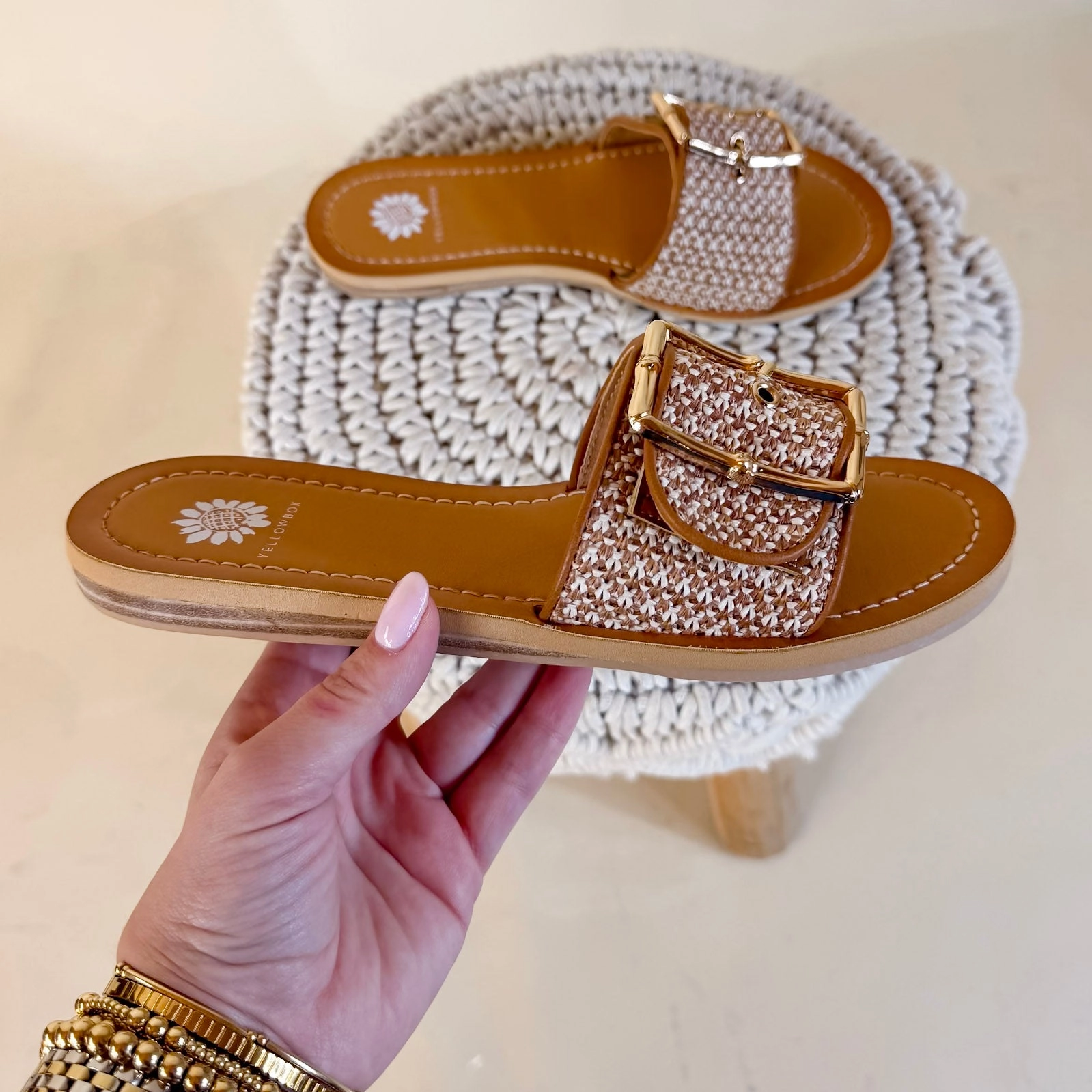 Unique Wedding Shoes Flats Yellow Box | Helden Flat Slide Sandal in Tan