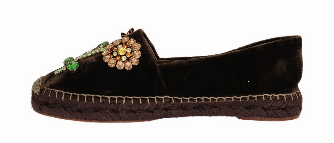 Brown Velvet Crystal Espadrilles Shoes Flat Shoe Laces