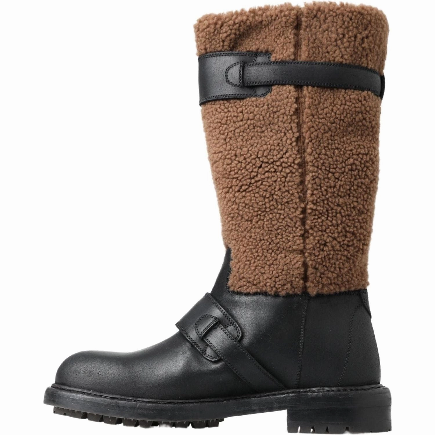 Dolce & Gabbana Black Leather Brown Shearling Boots Fire Fighter Boots