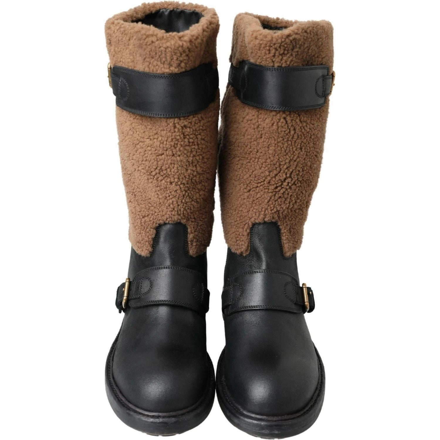 Designer Thigh High Boots Dolce & Gabbana Black Leather Brown Shearling Boots