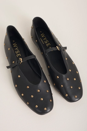 Wedding Formal Flat Shoes Stella Leather Studded Ballet Flat - Black