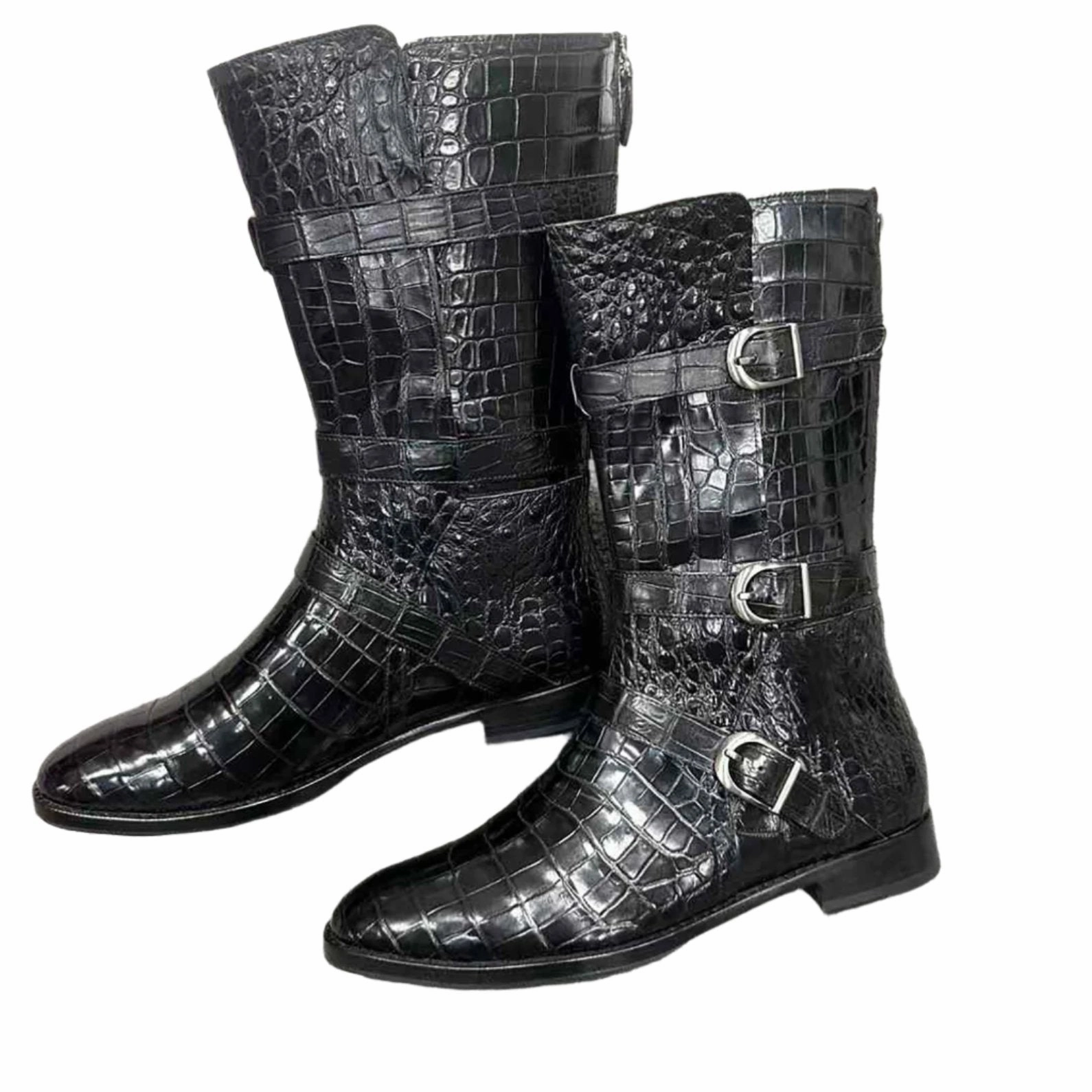 Mens Handcrafted Alligator Crocodile Leather Luxury Alligator Boots Black, Dark Brown Buckles On Boots
