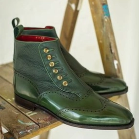 Vegan Winter Boots Tailor Made Custom Made Bespoke Handmade Premium Quality Green Leather Wingtip Buttons Boot Vintage Boot Mens Ankle Fashion Boots for Events