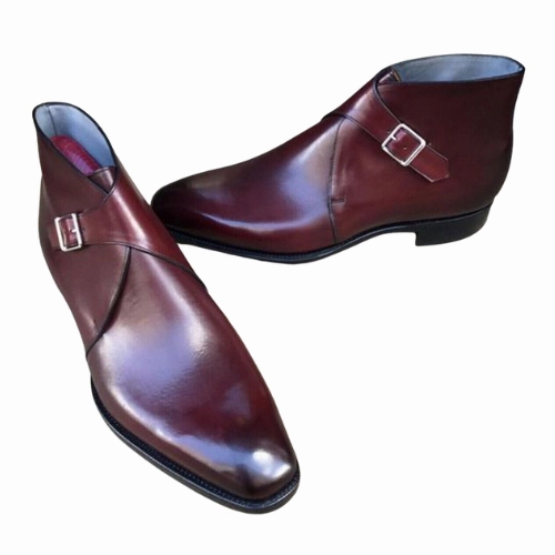 Ladies Bogs Rain Boots Tailor Made Handmade Burgundy Leather Toe Shaded Buckle Strap Monk Chukka Boot
