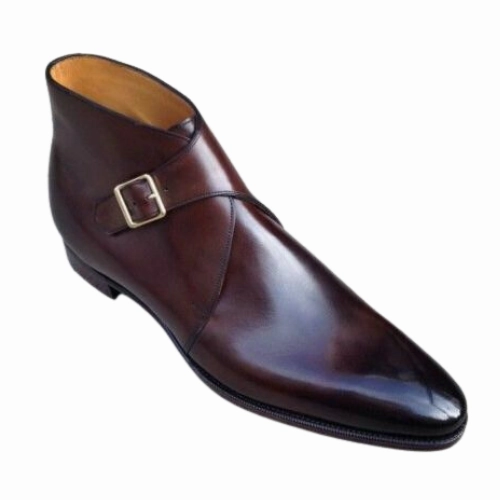 Tailor Made Handmade Burgundy Leather Toe Shaded Buckle Strap Monk Chukka Boot Ice Spike Boots