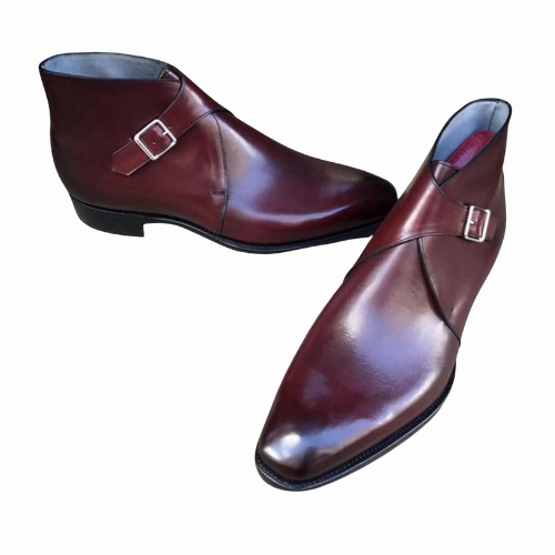 Tailor Made Handmade Burgundy Leather Toe Shaded Buckle Strap Monk Chukka Boot Heeled Tall Boots