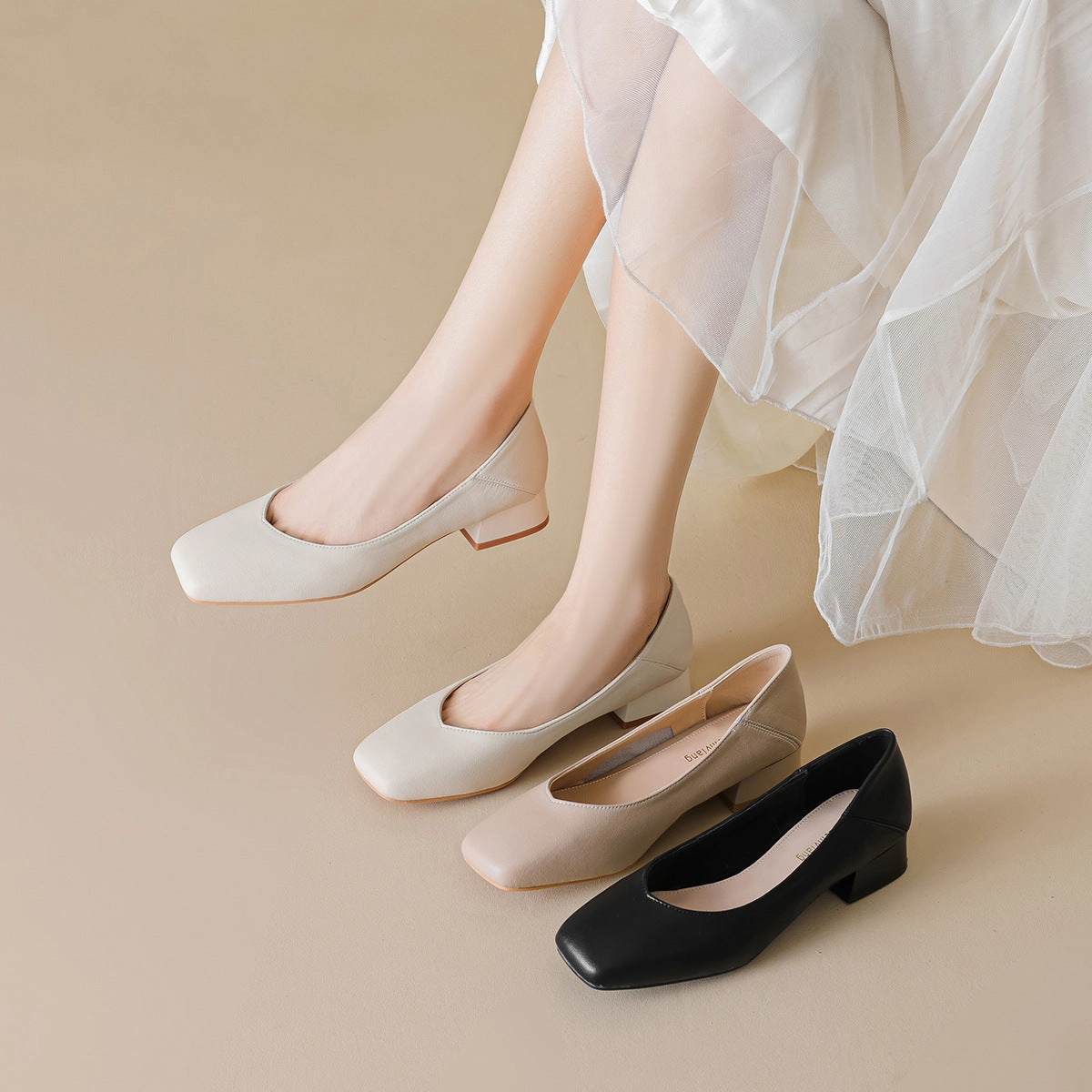 Casual Cycling Shoes Clipless Women's Minimalist Plain Leather Chunky Heel Pumps