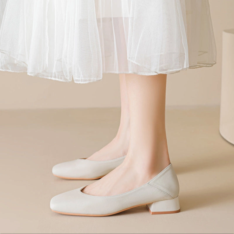 Women's Minimalist Plain Leather Chunky Heel Pumps Best Shoes For Casual Biking