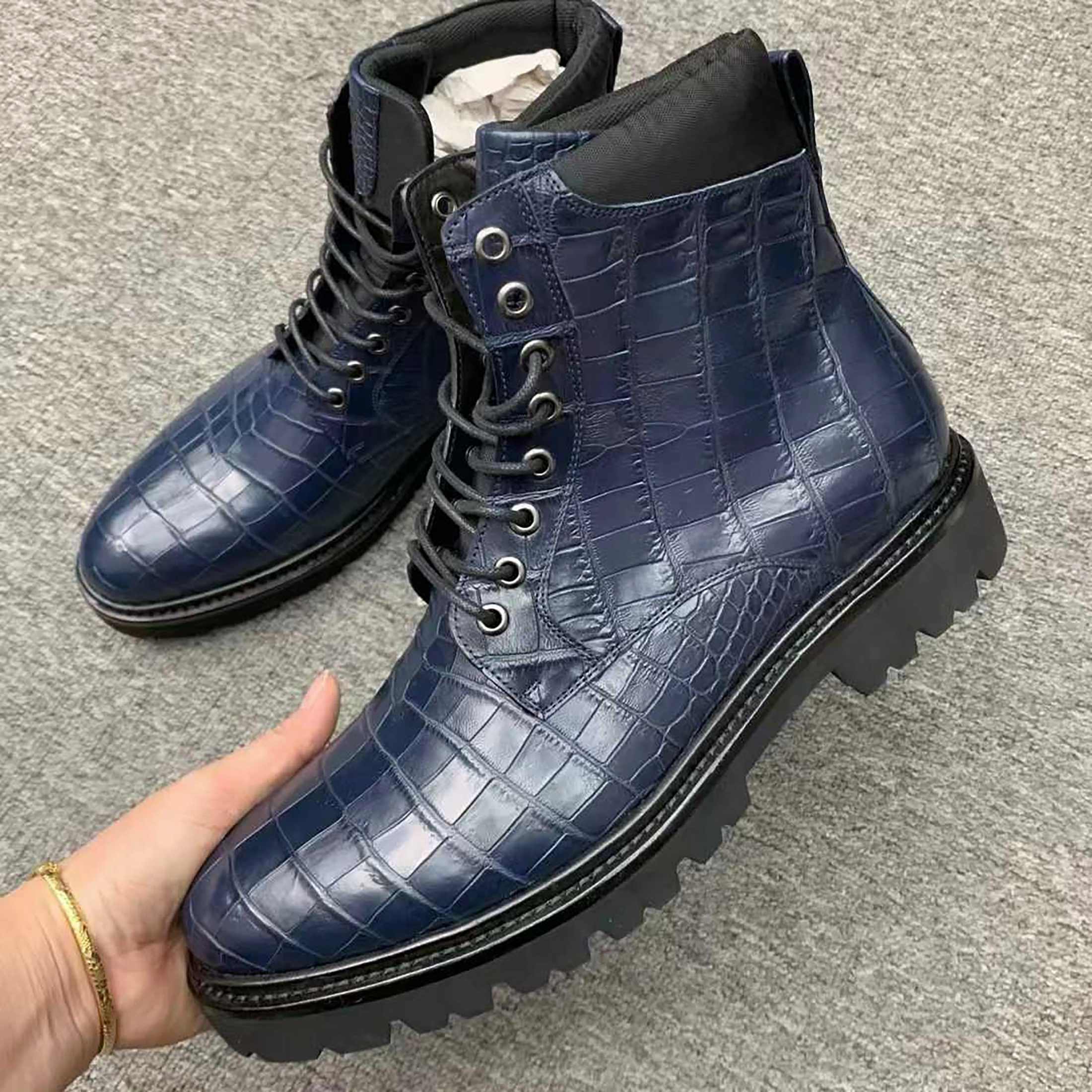 Chelsea Chunky Boots Handmade Mens Alligator Leather Boots  Premium Black, Dark Brown, Navy