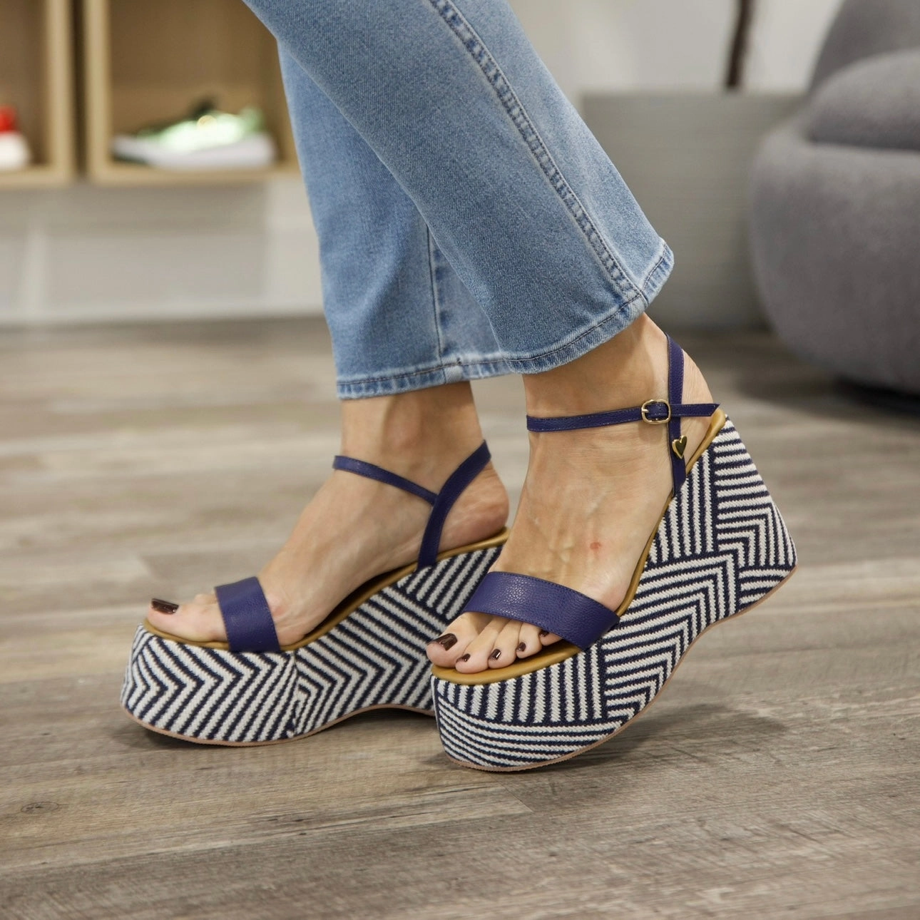 Rivva Heeled Espadrille Sandals Olivia Blue Stripes Sandals [ No Return - No Exchange ]