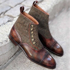 Handmade Handstiched Hand Polished Bespoke Boots Custom Boots, Brown Leather, Fabric Button Ankle Dress Toe Cap Brogue Boots Gentlemen Boots Sperry Winter Boots