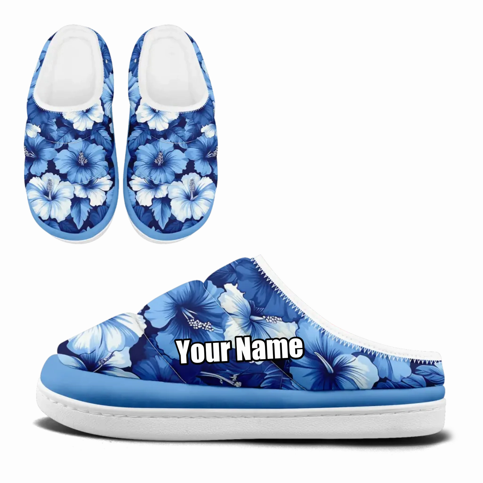 Vibrant Blue Hibiscus Floral Padded Slippers, Tropical Bloom Cozy Comfort House Shoes FN057-25027150 Cushion Slides