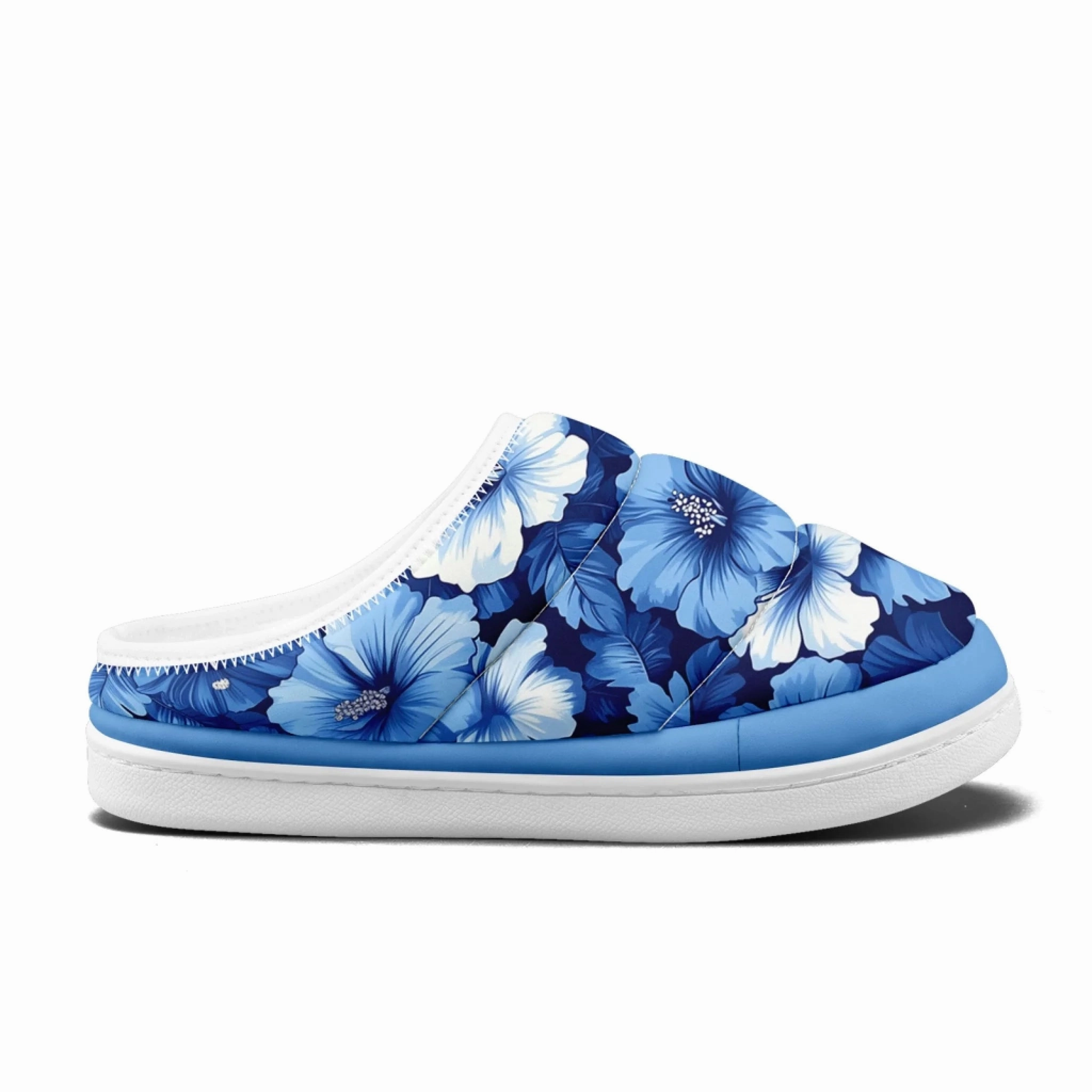 Initial Slippers Vibrant Blue Hibiscus Floral Padded Slippers, Tropical Bloom Cozy Comfort House Shoes FN057-25027150
