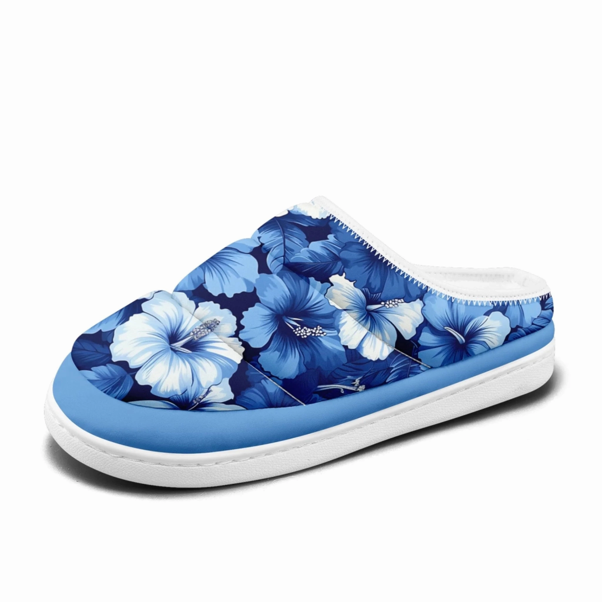 Spencer Slippers Vibrant Blue Hibiscus Floral Padded Slippers, Tropical Bloom Cozy Comfort House Shoes FN057-25027150