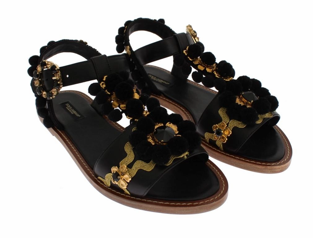 Rouge Shoes Flats Black Leather Crystal Torero Sandal Shoes