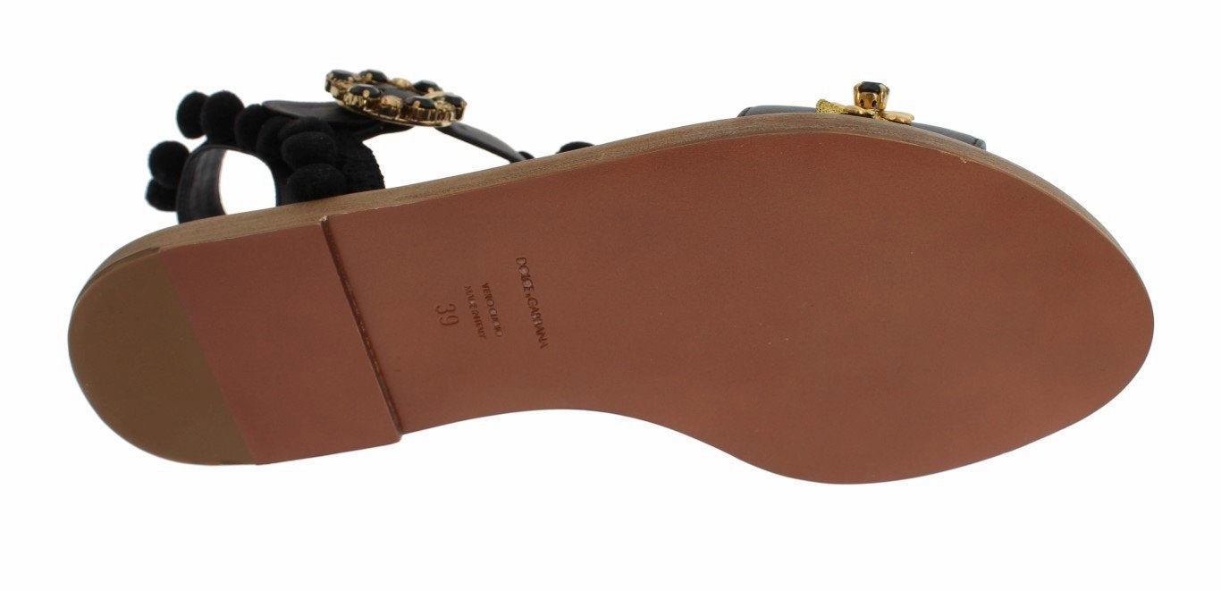 Black Leather Crystal Torero Sandal Shoes High Arch Shoes