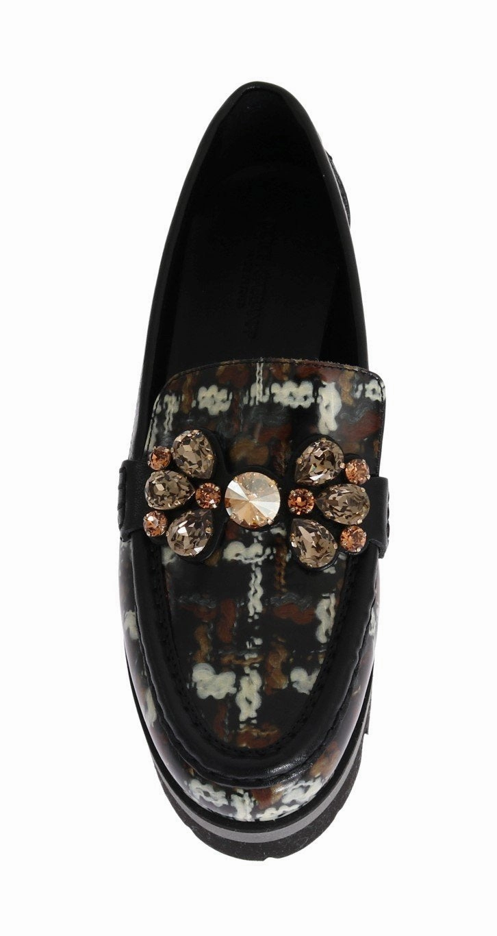 Black Leather Crystal Moccasins Shoes Extra Wide Fit Flat Shoes