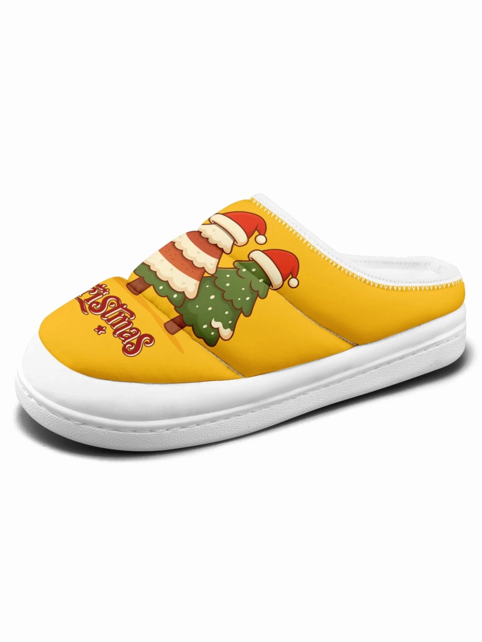 Cute Christmas Tree Trio with Santa Hats Plush Slippers, Cheerful Yellow Holiday House Shoes FN057-25027147 Cute Slippers For Adults