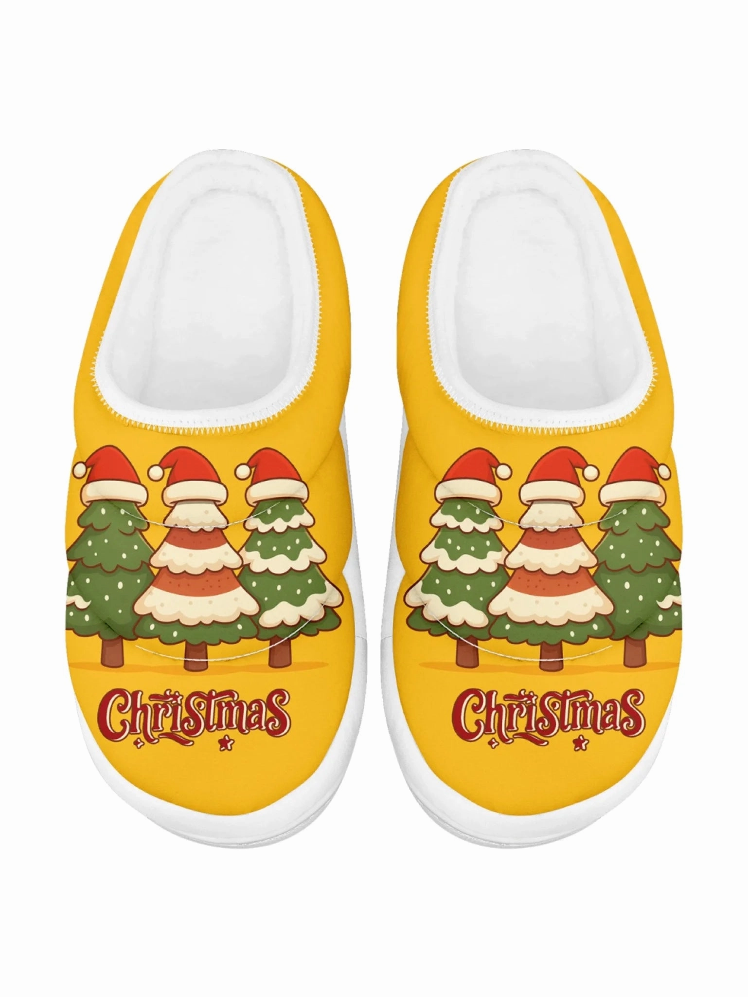 Beer Slippers Cute Christmas Tree Trio with Santa Hats Plush Slippers, Cheerful Yellow Holiday House Shoes FN057-25027147
