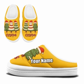 Cute Christmas Tree Trio with Santa Hats Plush Slippers, Cheerful Yellow Holiday House Shoes FN057-25027147 Hmart Slippers