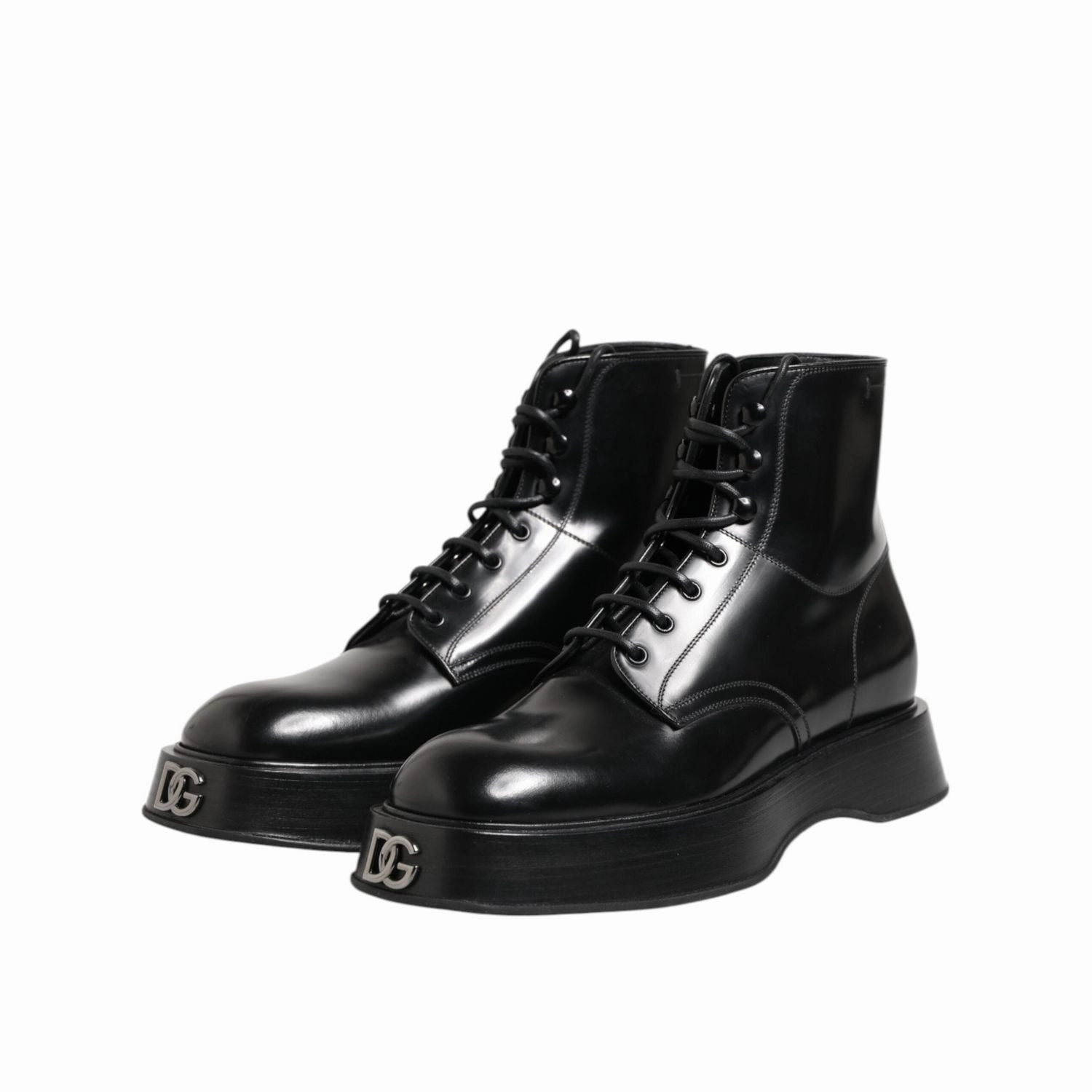 Dolce & Gabbana Black Leather Logo Ankle Boots Lace Up Shoes Animal Print Ankle Boots