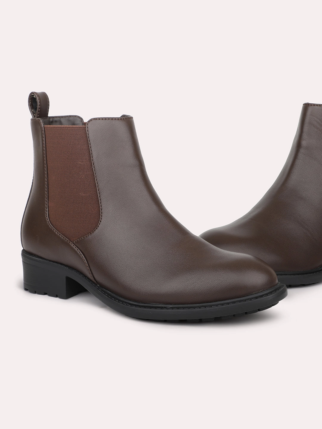 Women Brown Mid-Top Chelsea Boots 1 Inch Flat Shoes