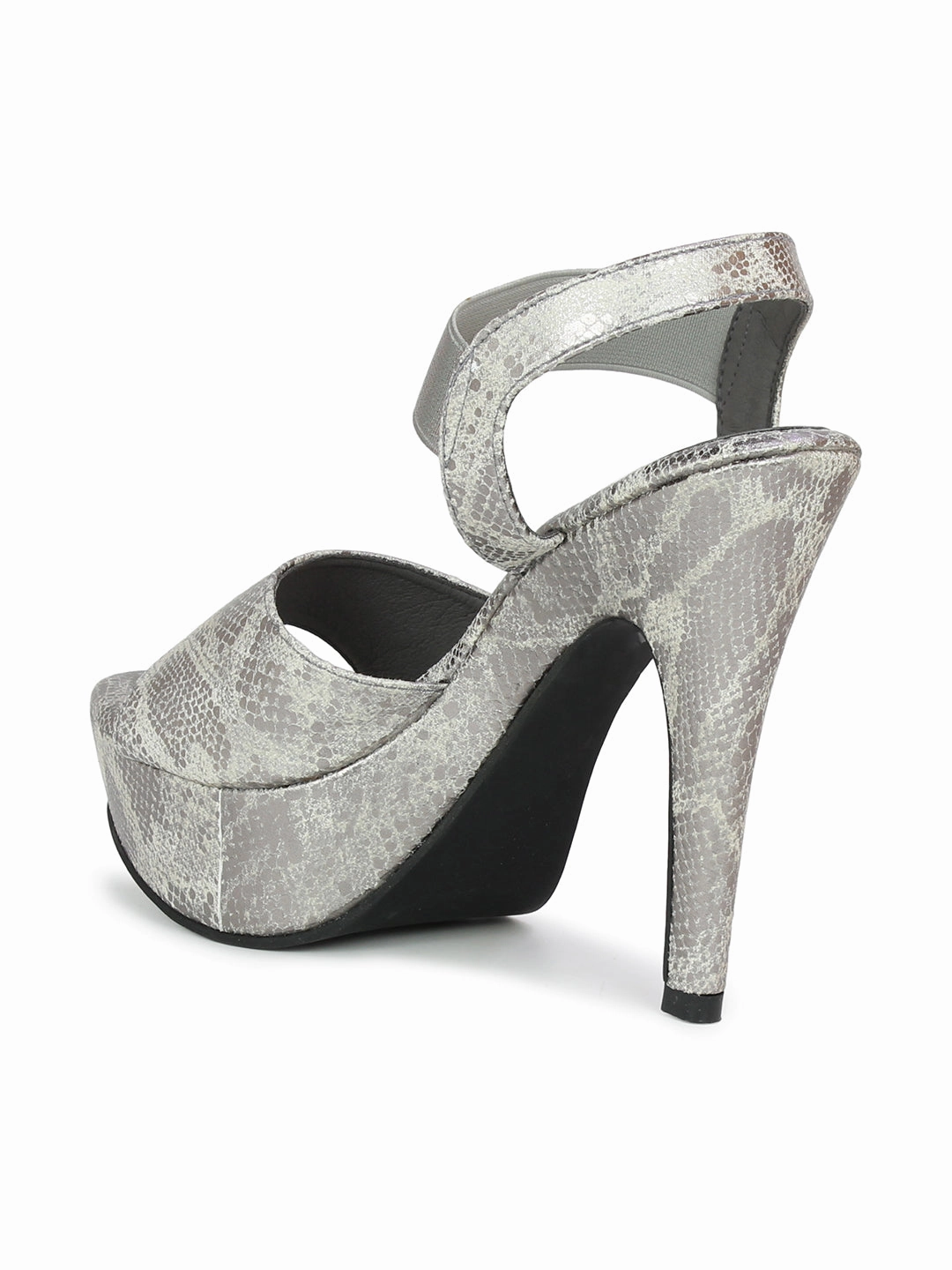 Women Gun Metal Textured & Embellished Party Stiletto Sandals Flat Sling Shoes