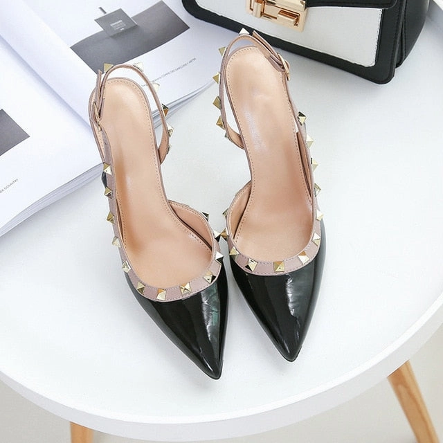 Women Party Shoes High Heels Spring Rivet Pumps Woman Pointed Toe Slip On Thin Heels Female Dress Back Strap Shoes Plus Size DE Redtape Shoes Casual