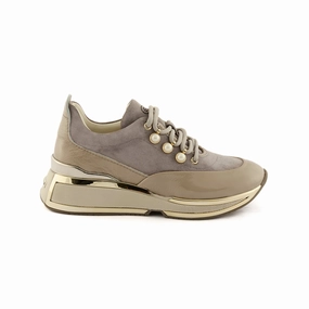 Women's Mink Patent Leather Pearl-Embellished Handmade Sneakers W5038 Pink Rick Owens Sneakers