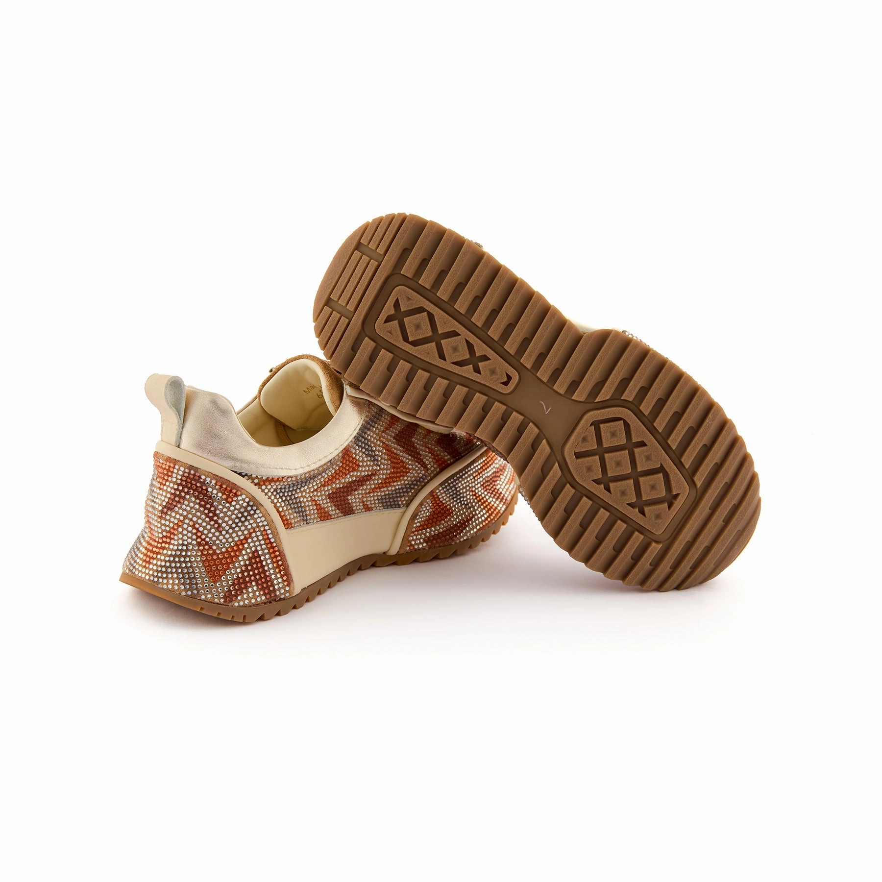 Women's Orange Crystal Embellished Calf Leather Handmade Sneakers W5034 Trail Hiking Sneakers